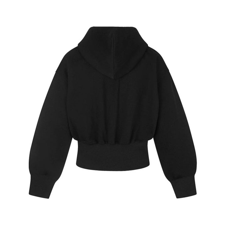 Ladies Short Hooded Sweat Jacket with Full Zip, Wide Ribbed Hem and Rhinestone Logo Mune Fashion