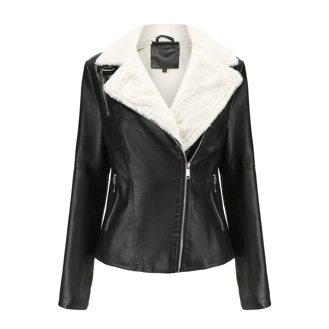 Women's fitted faux leather biker jacket with detachable faux fur collar and diagonal zipper Mune Fashion