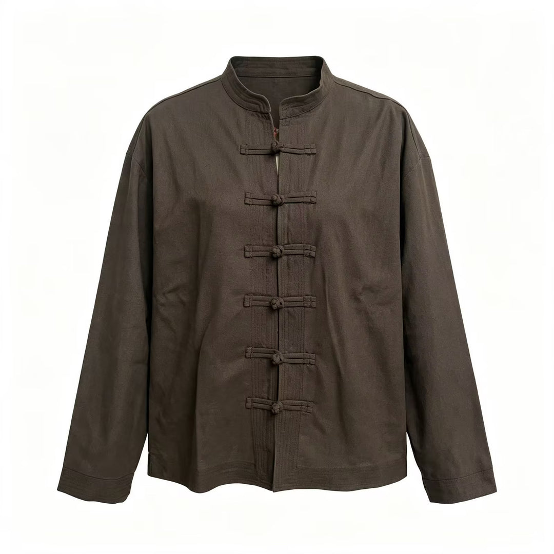Women Loose Fit Blouse in Mandarin Look with Knot Buttons Mune Fashion