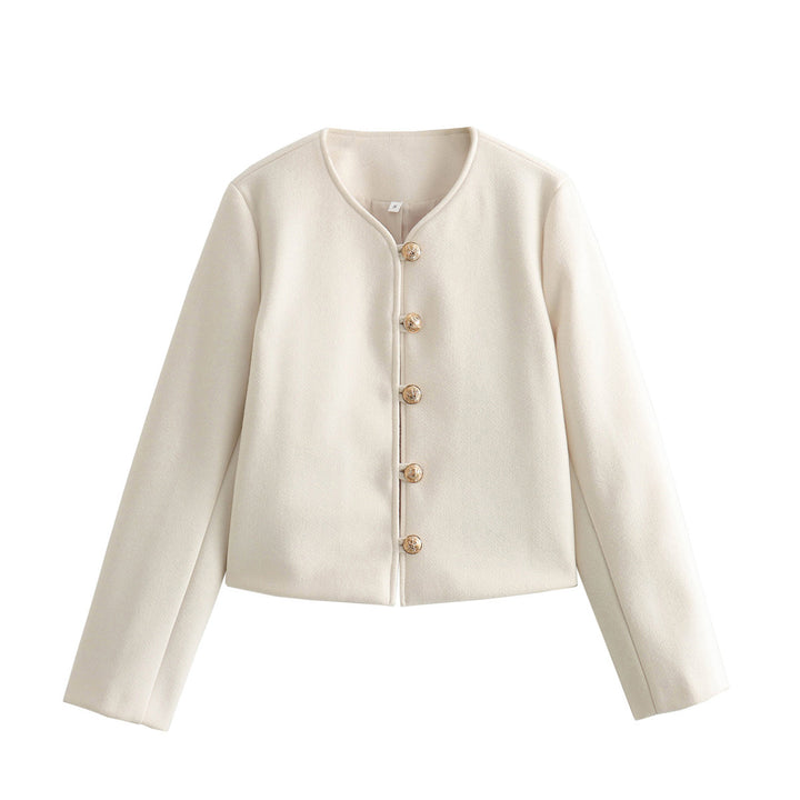 Women's short cut wool look jacket with round neckline and decorative metal button placket Mune Fashion