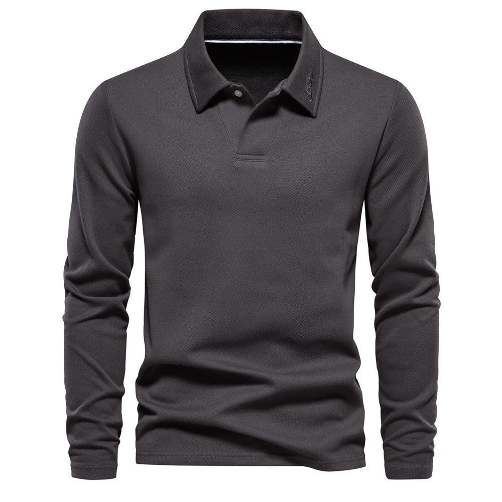 Men's long-sleeved polo shirt with open V-neck, slim fit and tone-on-tone collar embroidery Mune Fashion