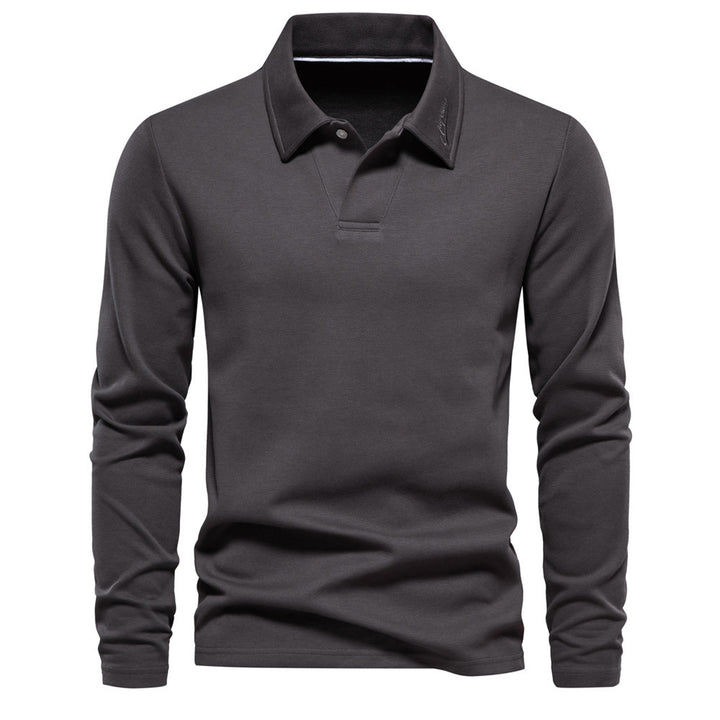 Men's long-sleeved polo shirt with open V-neck, slim fit and tone-on-tone collar embroidery Mune Fashion