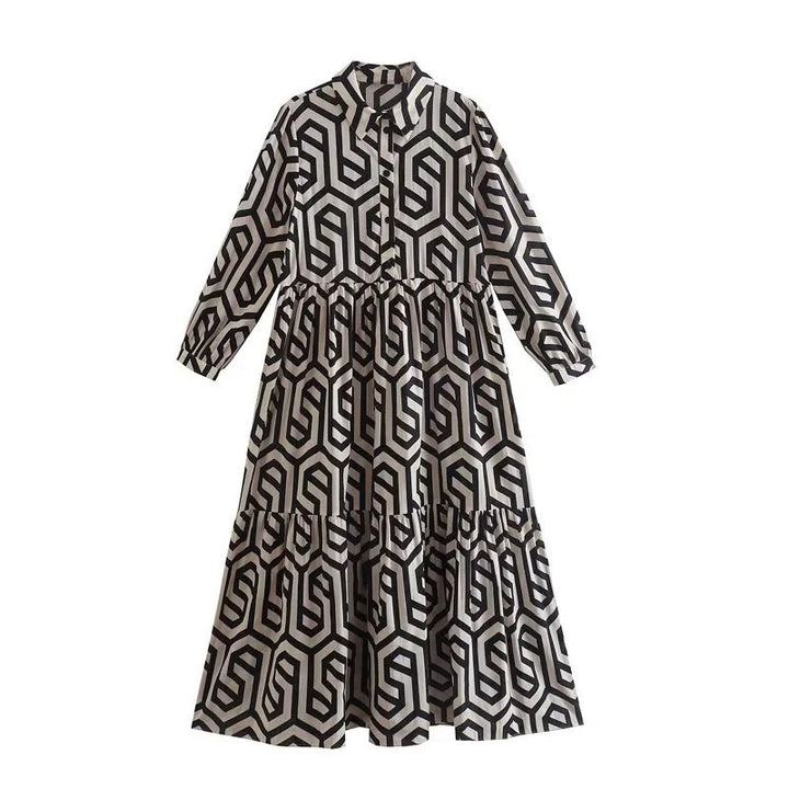 Women's long shirt collar tiered dress with geometric allover print and gathered waist yoke Mune Fashion