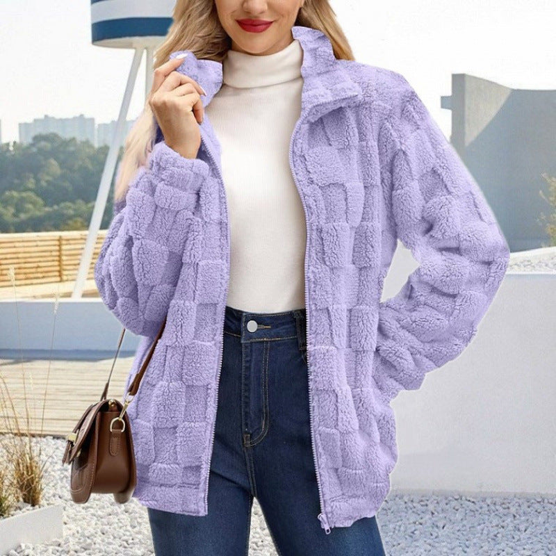Women's teddy jacket with check structure, stand-up collar and zipper Mune Fashion