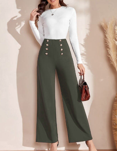 Women’s high-waisted trousers with wide leg, maritime-inspired decorative buttons Mune Fashion