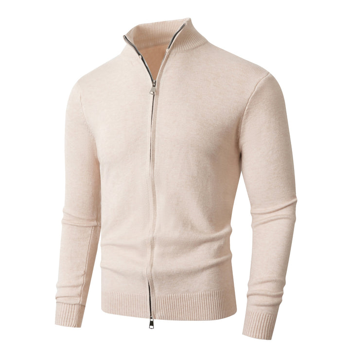 Men's Slim Fit Fine Knit Cardigan with Double Zipper and Stand Collar Mune Fashion