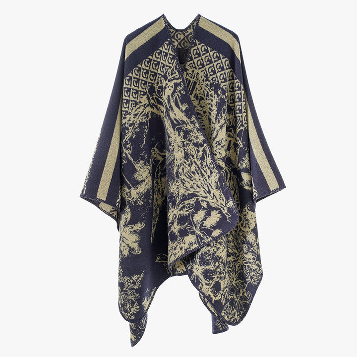 Women's Luxurious Jacquard Pattern Poncho with Asymmetrical Pointed Hem