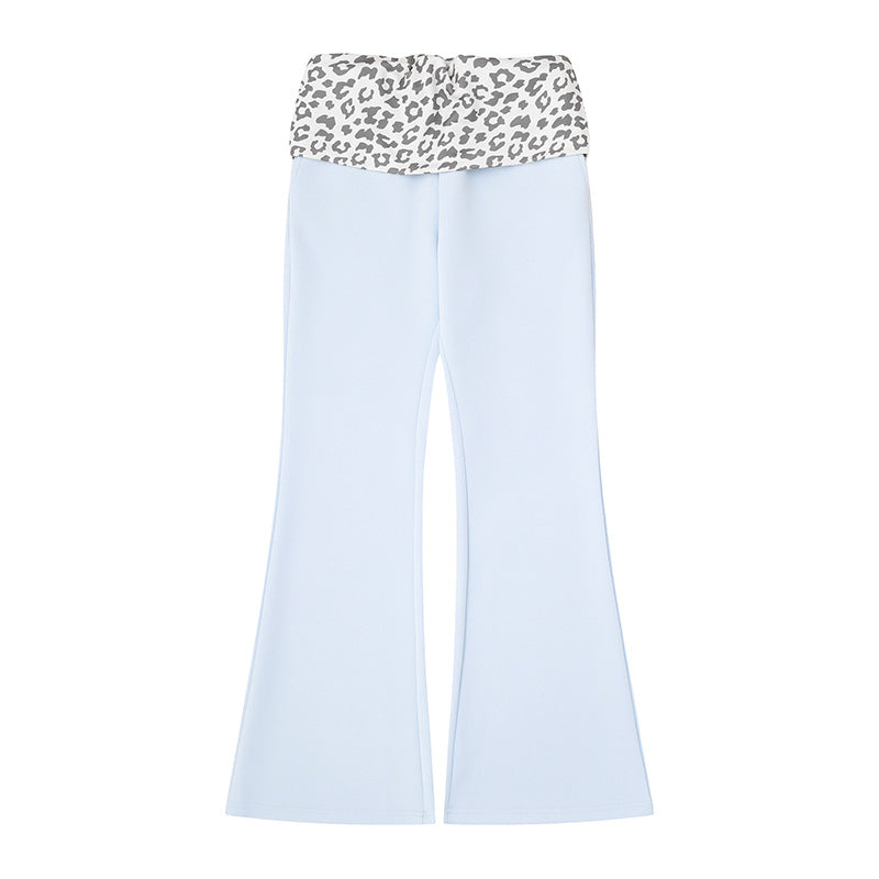 Women's Wide Jersey Lounge Pants with Flared Hem and Turned-Down Leopard Waistband Mune Fashion