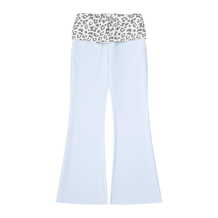 Women's Wide Jersey Lounge Pants with Flared Hem and Turned-Down Leopard Waistband Mune Fashion