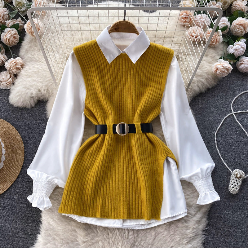 Ladies layering look blouse with ribbed knit overlay and waistbelt Mune Fashion