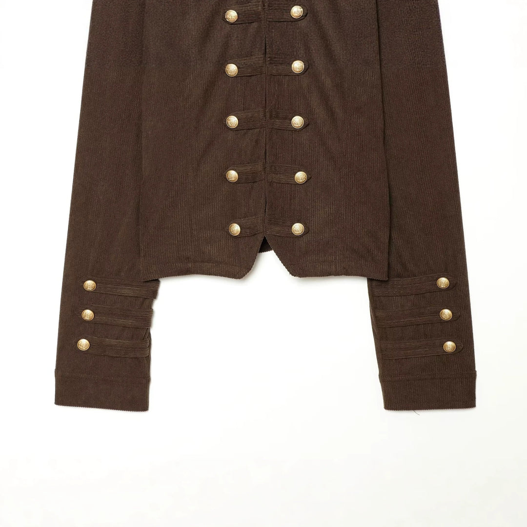 Women Short Military Jacket in Boxy Cut with Stand Collar and Decorative Buttons Drune