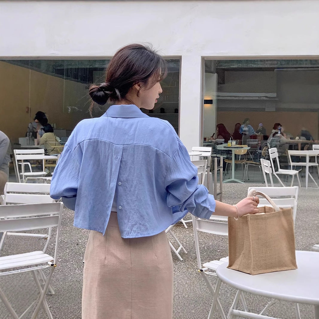 Women's Cropped Oversized Shirt Blouse in Linen Look with Back Slit and Decorative Button Placket Mune Fashion