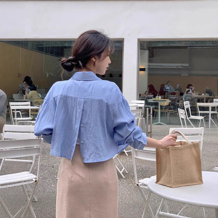 Women's Cropped Oversized Shirt Blouse in Linen Look with Back Slit and Decorative Button Placket Mune Fashion