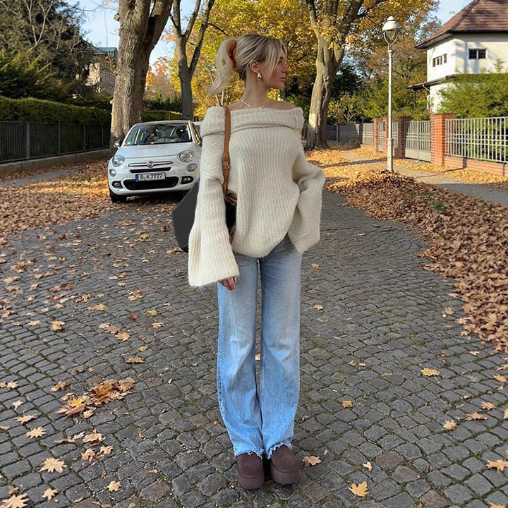 Women's Oversize Off-Shoulder Ribbed Knit Sweater with Wide Bell Sleeves Mune Fashion