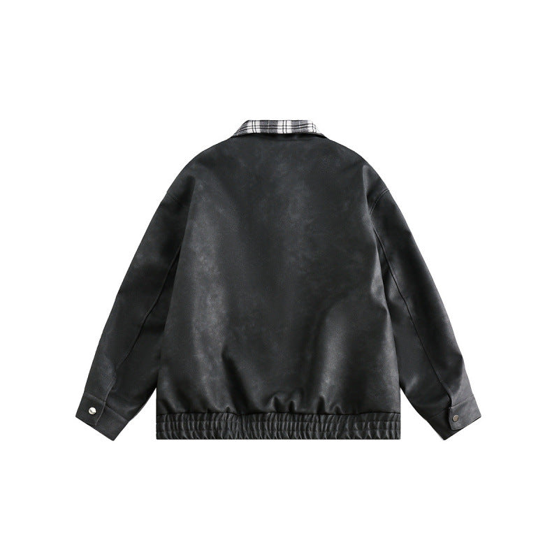 Men's suede look bomber jacket with checked shirt collar, flap pockets, and elastic hem Mune Fashion