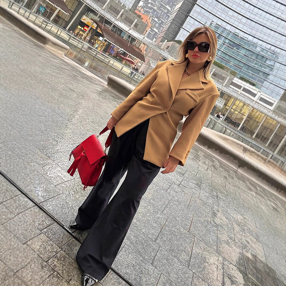 Women's Tailored Wool Blend Blazer with Emphasized Waist and Distinctive Shoulder Area Mune Fashion