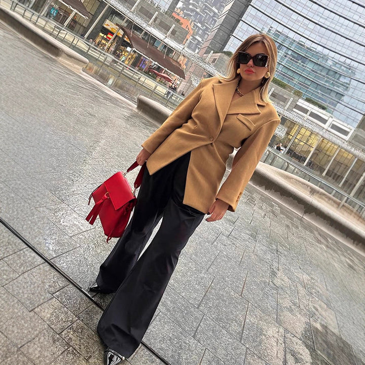 Women's Tailored Wool Blend Blazer with Emphasized Waist and Distinctive Shoulder Area Mune Fashion