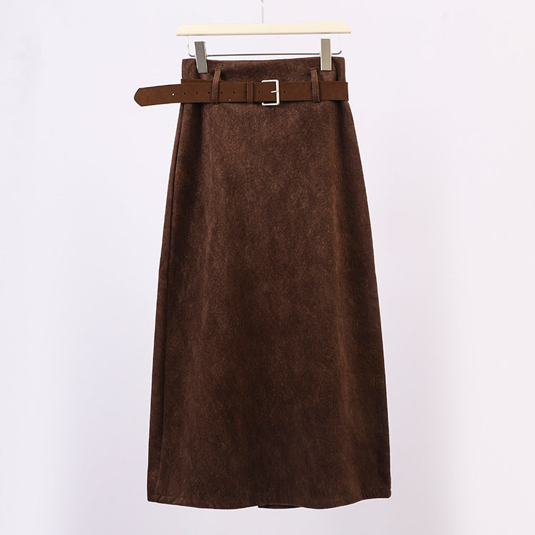 Women's A-line wool blend midi skirt with inset faux leather belt and high waistband Mune Fashion