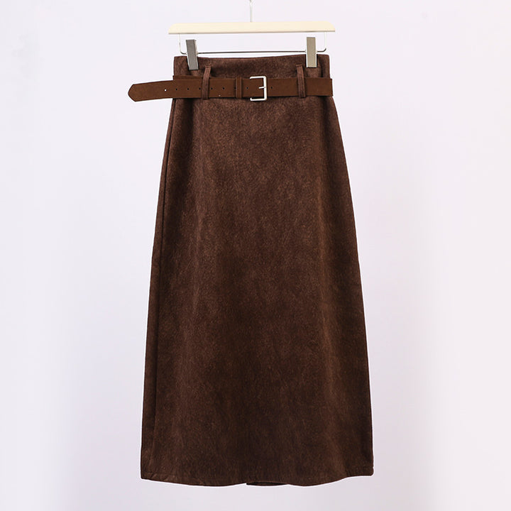 Women's A-line wool blend midi skirt with inset faux leather belt and high waistband Mune Fashion