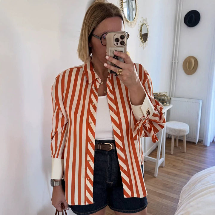 Women Striped Oversize Shirt Blouse with Ties on Sleeves and Concealed Button Placket Mune Fashion