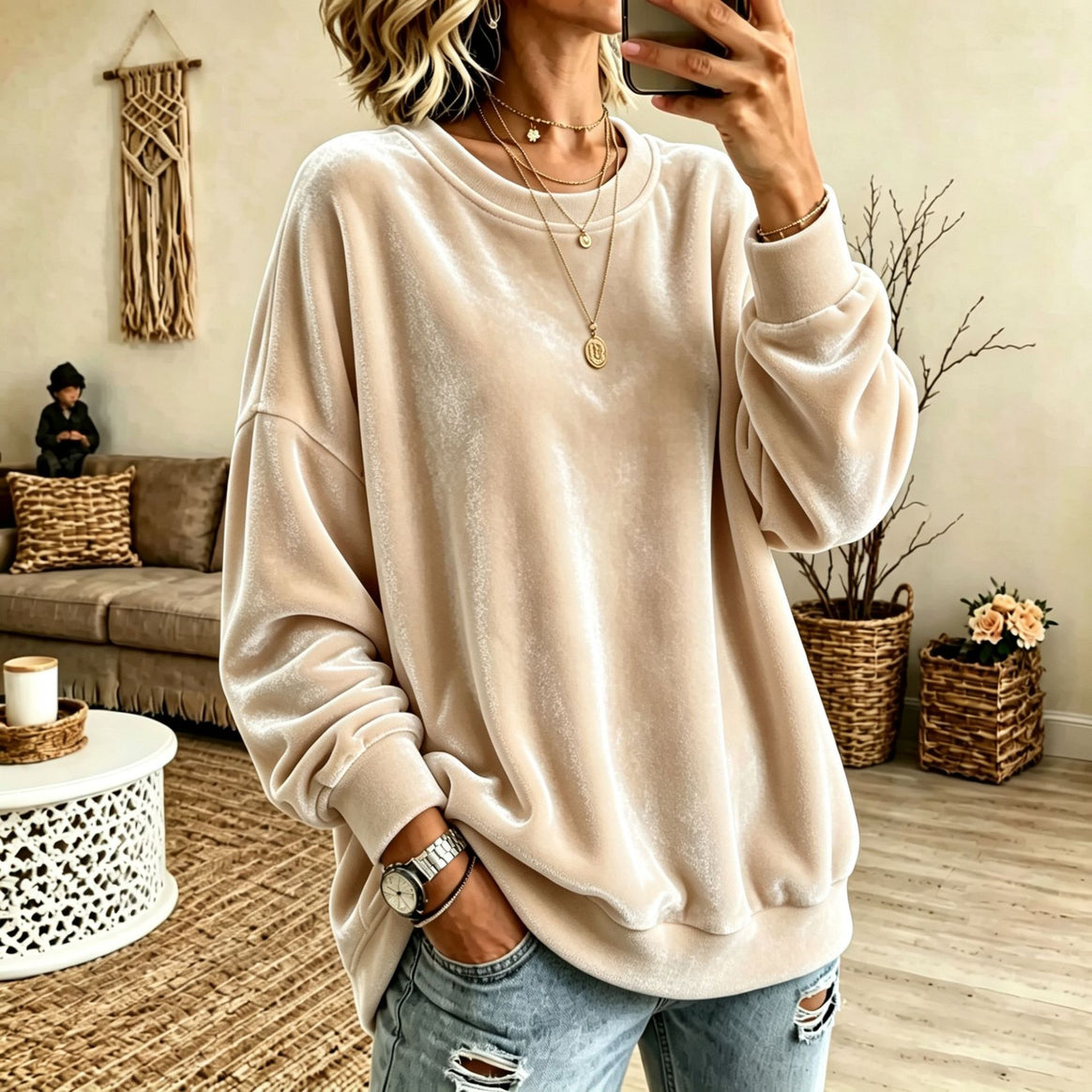 Women Oversized Velvet Sweater with Loose Fit and Ribbed Hem Mune Fashion