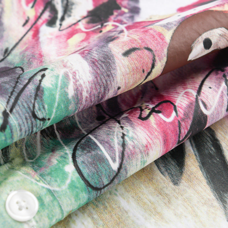 Women's long-sleeve shirt made of cotton poplin with artistic brush print and Kent collar Mune Fashion