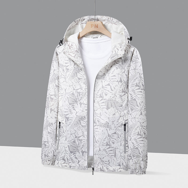 Men's Lightweight Hooded Windbreaker with Botanical Allover Print and Elastic Cuffs Mune Fashion