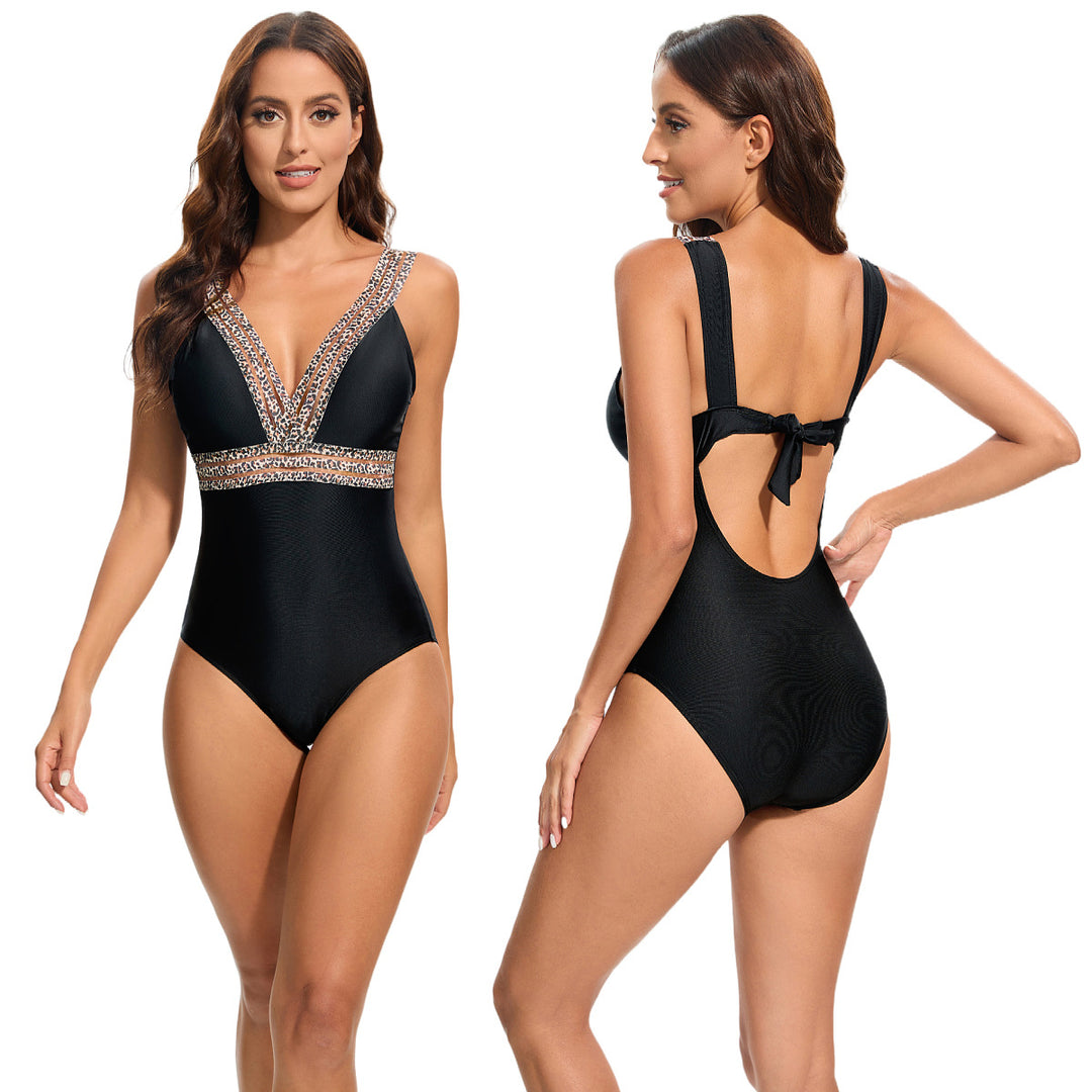 Women's Elegant One-Piece Swimsuit with Deep V-Neck and Sparkling Accents Mune Fashion