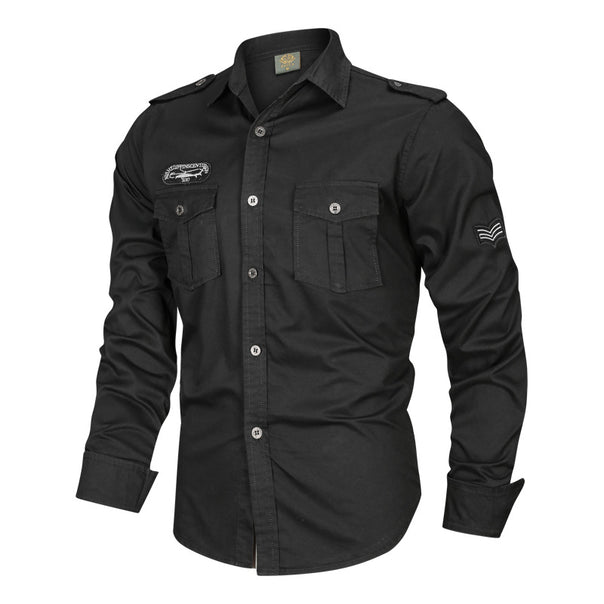 Men's tailored long-sleeve canvas shirt with patch chest flaps epaulets and decorative embroidery Mune Fashion