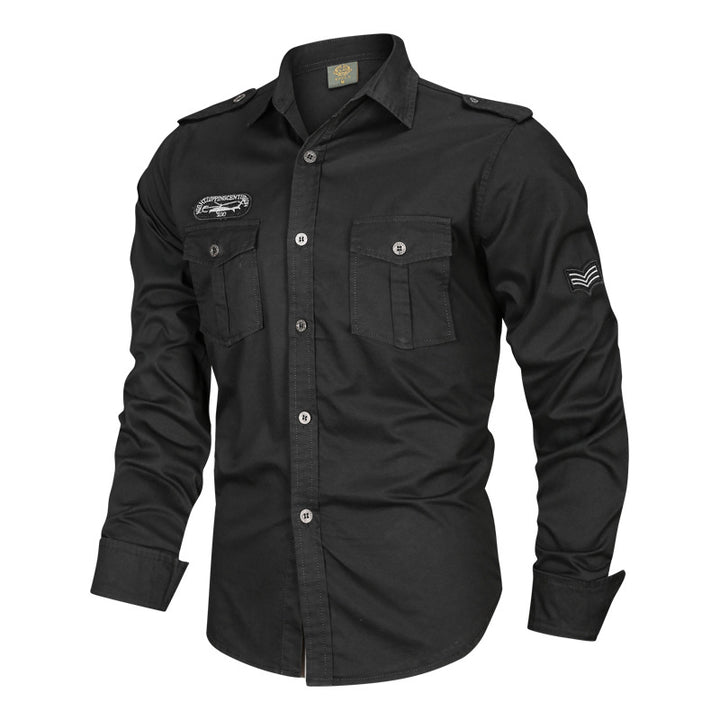 Men's tailored long-sleeve canvas shirt with patch chest flaps epaulets and decorative embroidery Mune Fashion
