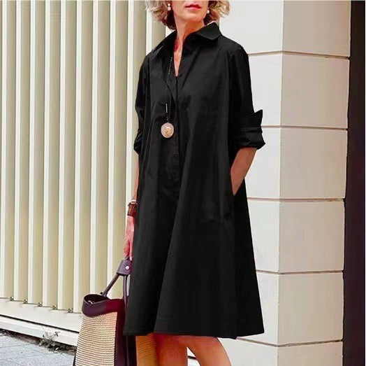 Ladies A-line shirt dress with rolled-up 3/4 sleeves and side pockets Mune Fashion