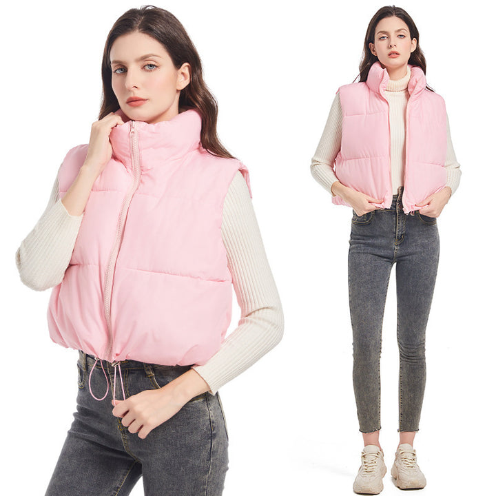Women’s nan ultra-light short padded vest with high stand-up collar, two-way zipper and adjustable drawstring hem Mune Fashion