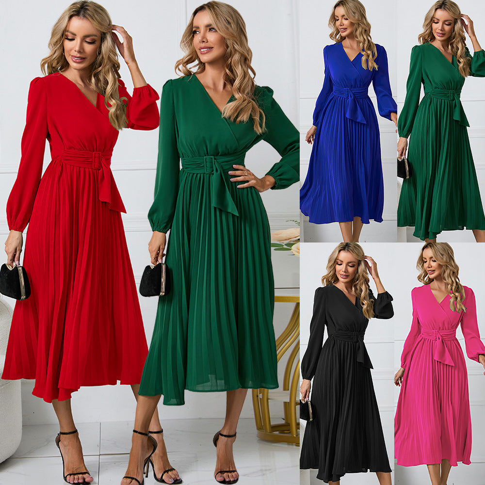 Women's Pleated Wrap Midi Dress with Waist Belt and V-Neck Mune Fashion