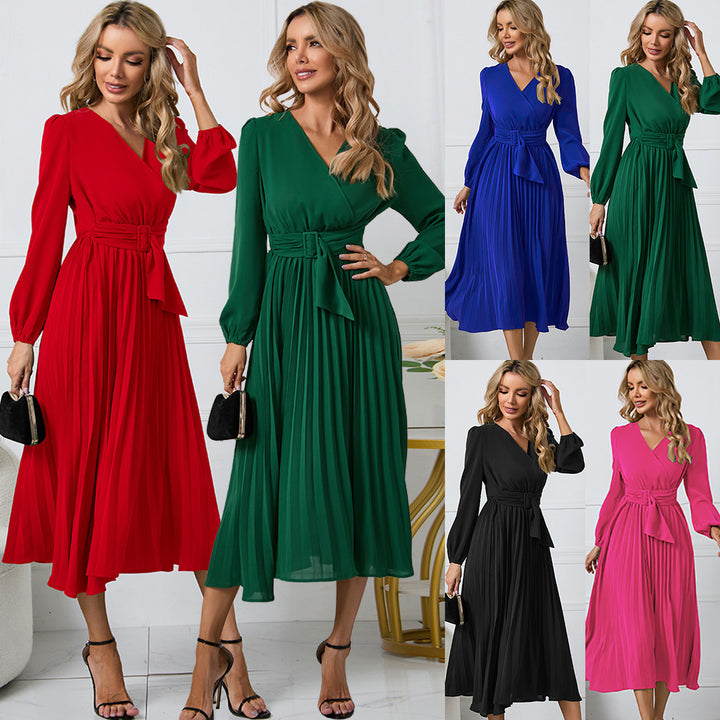 Women's Pleated Wrap Midi Dress with Waist Belt and V-Neck Mune Fashion