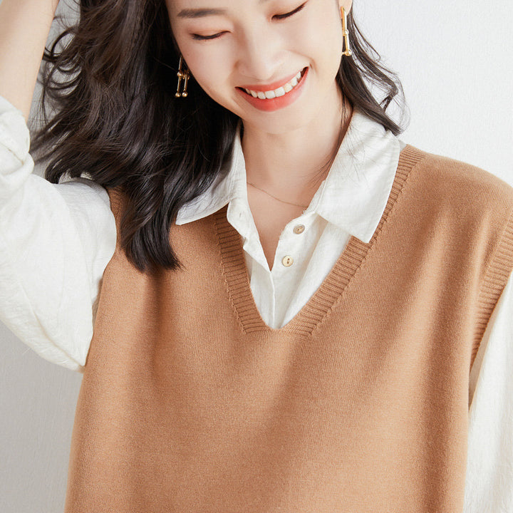 Women's Oversized V-neck Fine Knit Vest with Ribbed Hem Mune Fashion