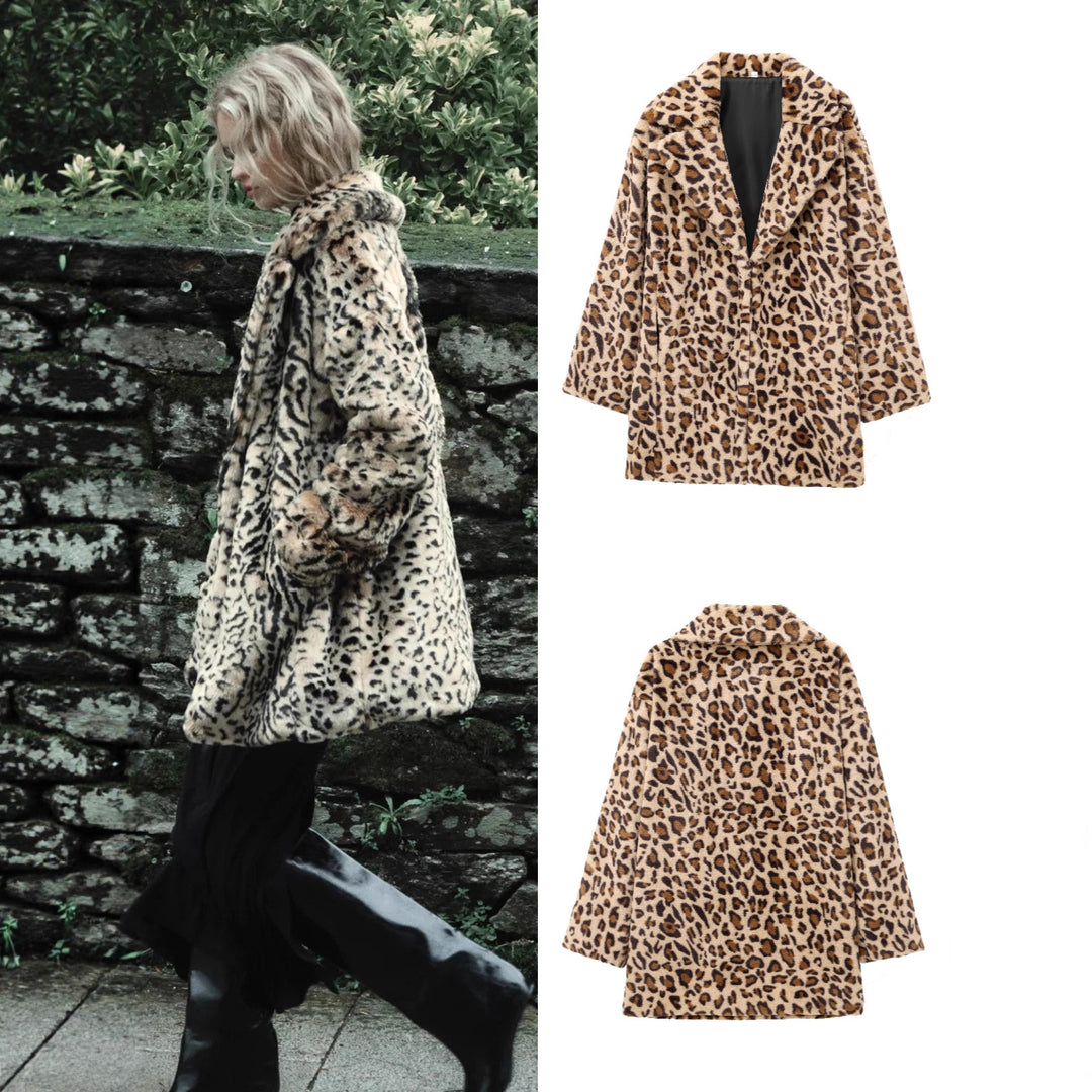 Women's faux fur coat in oversized cut with lapel collar, tie belt and pockets Mune Fashion