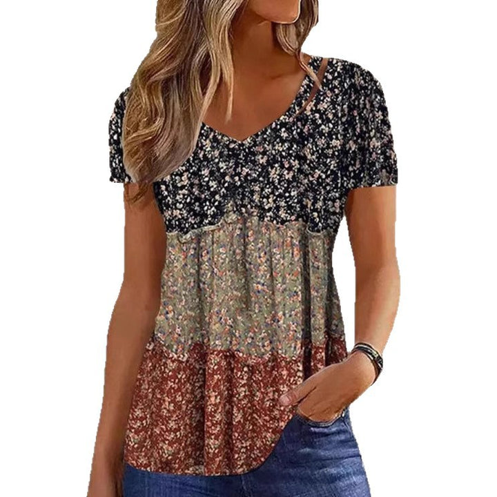 Women's short-sleeve tiered tunic top with V-neck and empire seam Mune Fashion