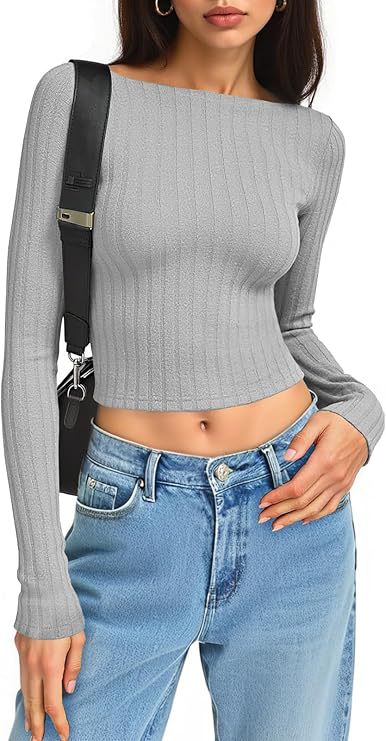 Women's Fitted Ribbed Cropped Long Sleeve with Boat Neck and Stretch Cotton Blend Mune Fashion