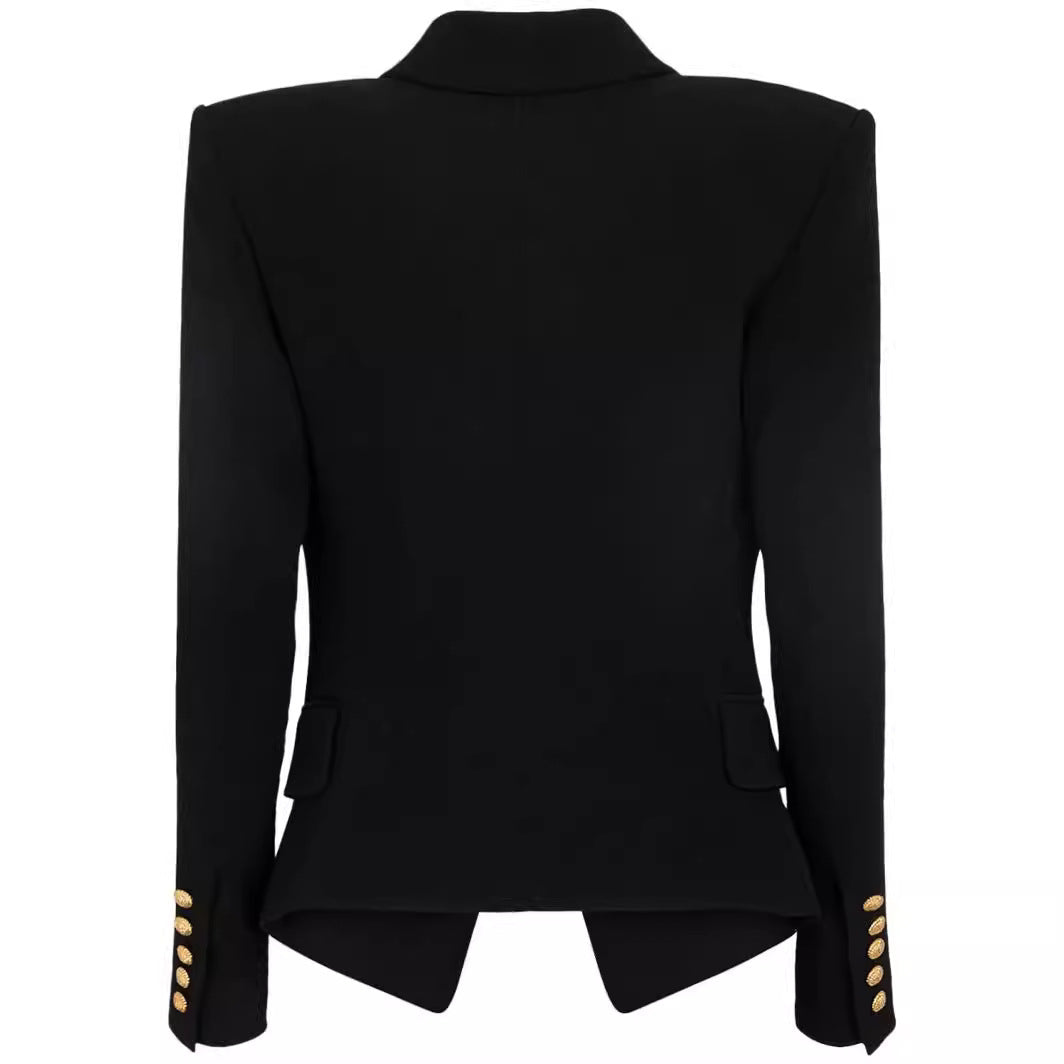 Women Slim-Fit Tuxedo Blazer in Tailoring with Emphasized Shoulder and Gold Decorative Button Placket Mune Fashion