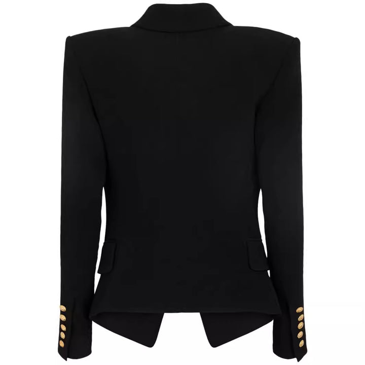 Women Slim-Fit Tuxedo Blazer in Tailoring with Emphasized Shoulder and Gold Decorative Button Placket Mune Fashion