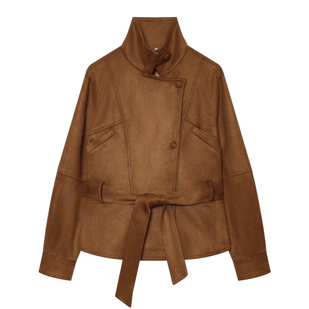 Women's tailored short jacket made of soft suede imitation with asymmetrical button placket and tie belt Mune Fashion