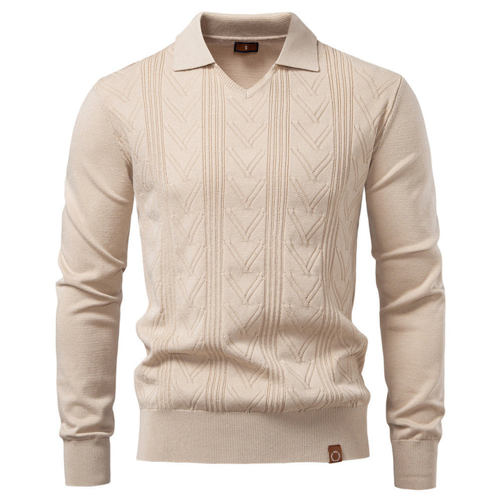 Men's fine knit polo sweater with V-neck, zigzag pattern and Kent collar Mune Fashion