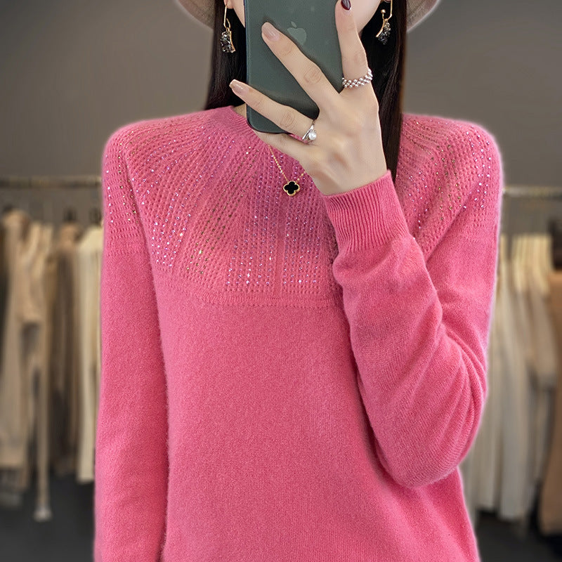Ladies Soft Cashmere-Look Fine Knit Sweater with Ajour-Yoke and Sequin Trim Mune Fashion