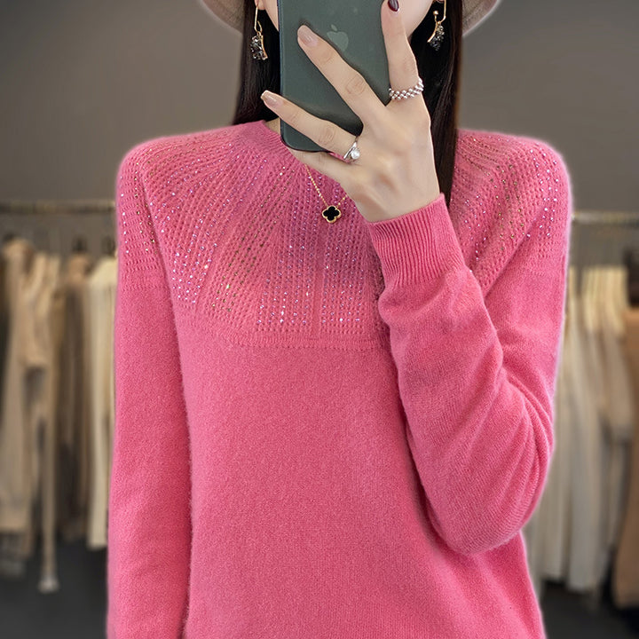Ladies Soft Cashmere-Look Fine Knit Sweater with Ajour-Yoke and Sequin Trim Mune Fashion