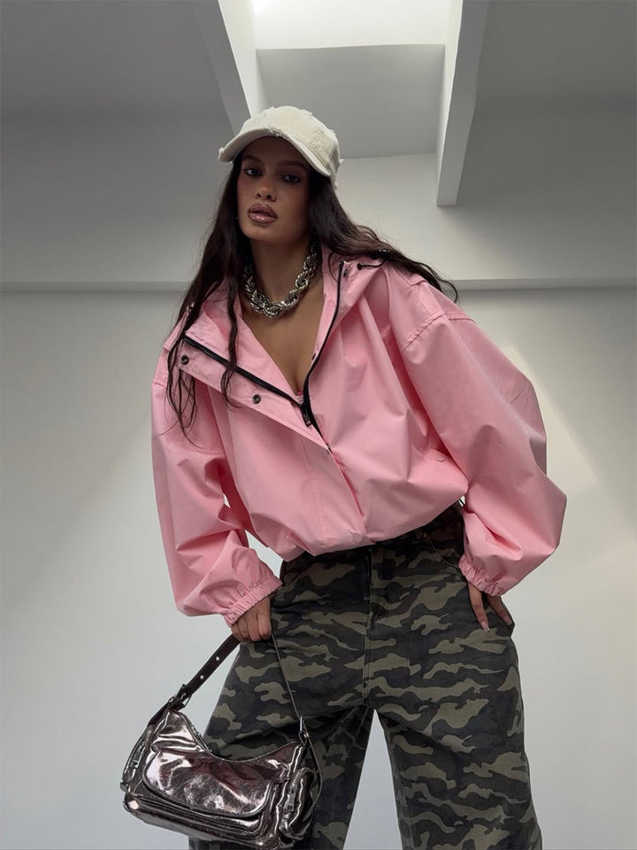 Women's Oversize Windbreaker Jacket with Hood and Short Cropped Cut Mune Fashion