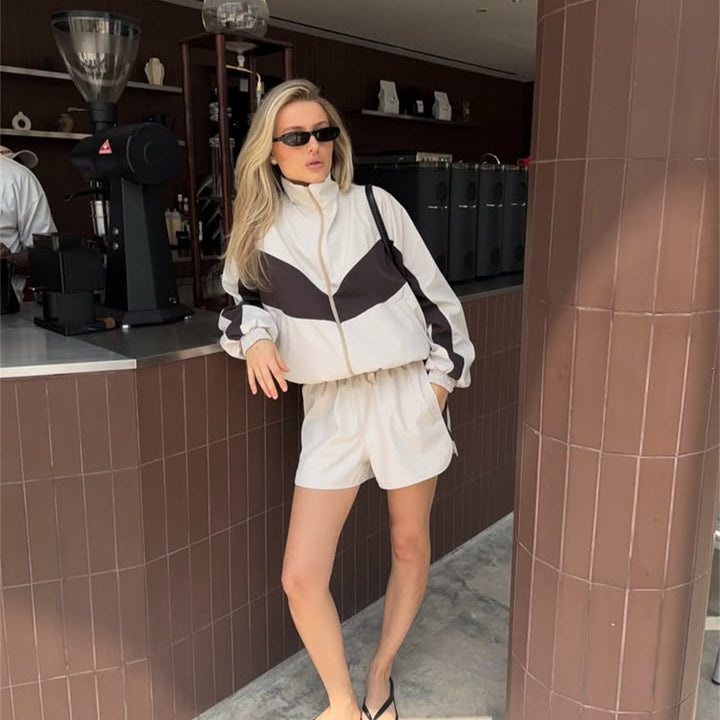 Women's casual athleisure set with windproof short jacket, stand-up collar and elastic high-waist shorts Mune Fashion