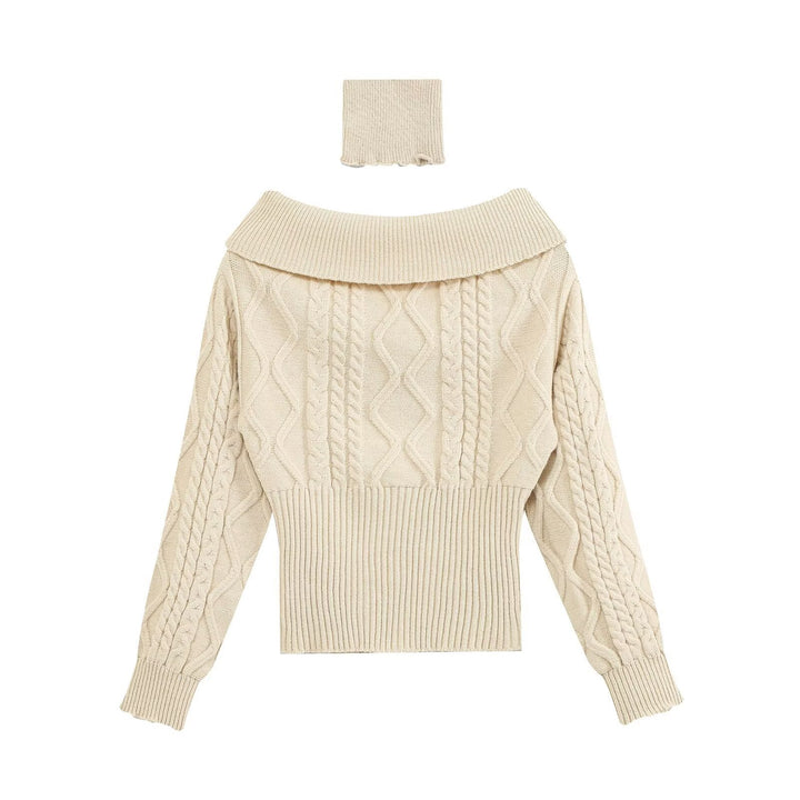 Women Off-Shoulder Cable Knit Sweater with Wide Folded Collar Drune