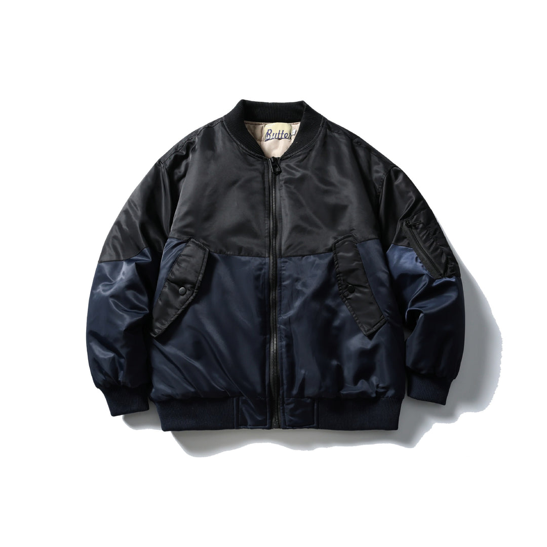 Unisex Short Cut Two-Tone Nylon Bomber Jacket with Utility Flap Pockets and Sleeve Zipper Mune Fashion