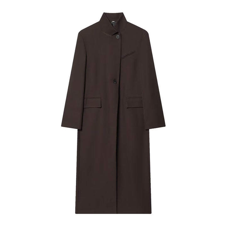 Women's Long Coat with Mandarin Collar, Minimalist Silhouette and Concealed Button Placket Mune Fashion