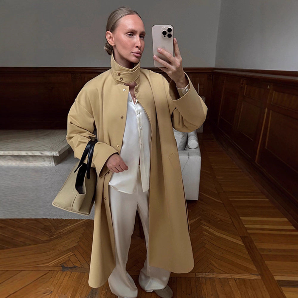 Ladies Maxilong Oversize Trench Coat with Stand Collar and Concealed Snap Placket Mune Fashion